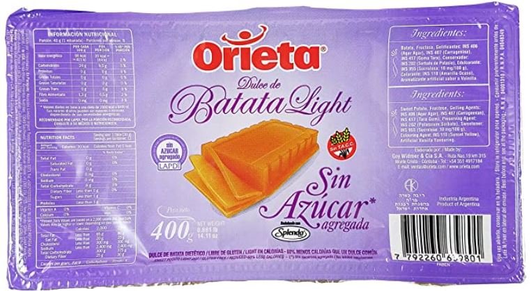 Dulce de batata sin azúcar 400 grs — Orieta