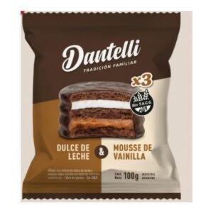 Alfajor dantelli triples relleno con d de leche y mousse de vainilla