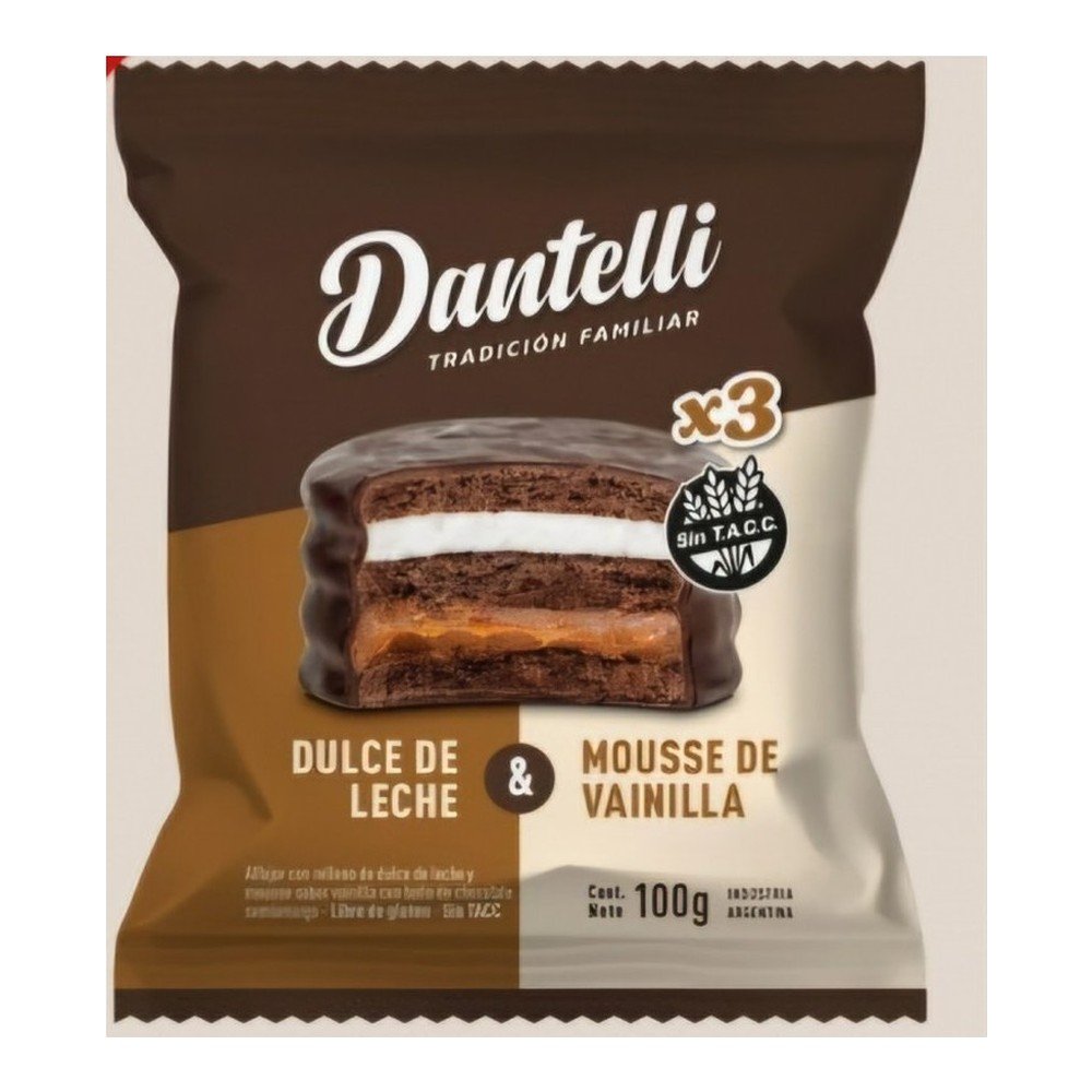 Alfajor dantelli triples relleno con d de leche y mousse de vainilla